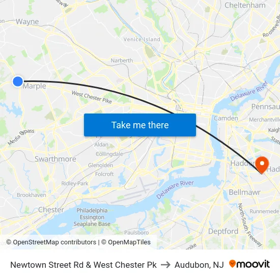 Newtown Street Rd & West Chester Pk to Audubon, NJ map