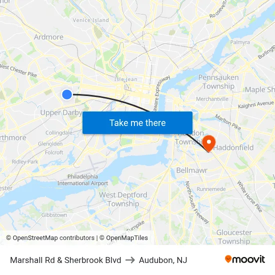 Marshall Rd & Sherbrook Blvd to Audubon, NJ map