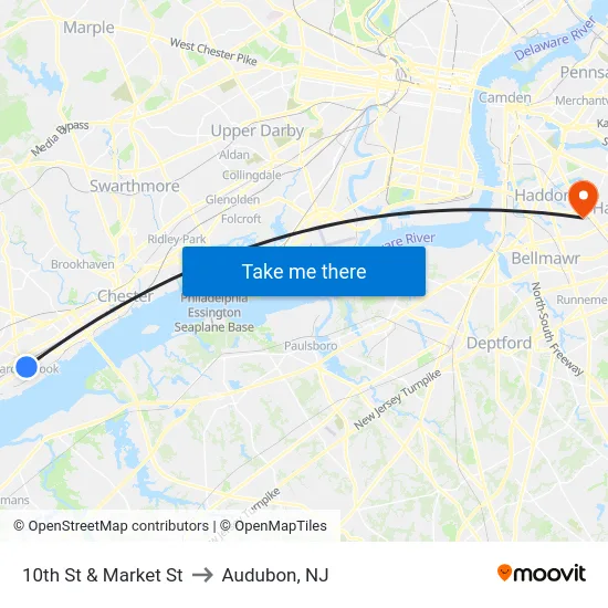 10th St & Market St to Audubon, NJ map