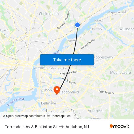 Torresdale Av & Blakiston St to Audubon, NJ map