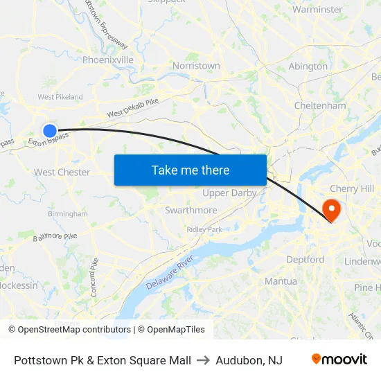 Pottstown Pk & Exton Square Mall to Audubon, NJ map