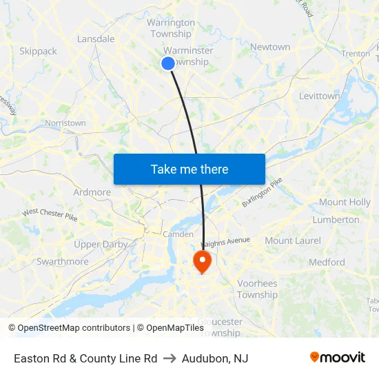 Easton Rd & County Line Rd to Audubon, NJ map