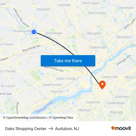 Oaks Shopping Center to Audubon, NJ map