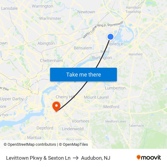 Levittown Pkwy & Sexton Ln to Audubon, NJ map