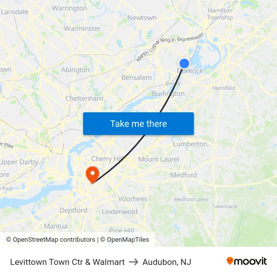 Levittown Town Ctr & Walmart to Audubon, NJ map