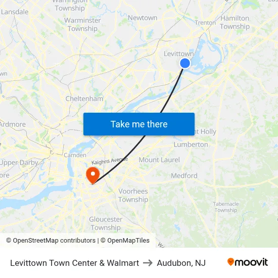 Levittown Town Center & Walmart to Audubon, NJ map