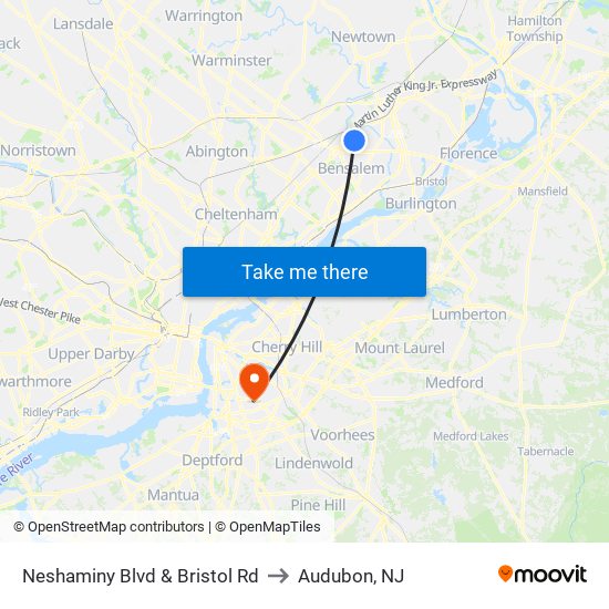 Neshaminy Blvd & Bristol Rd to Audubon, NJ map