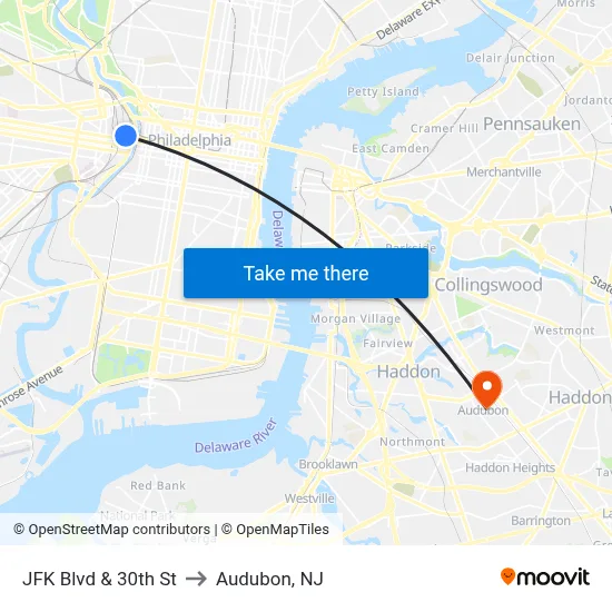 JFK Blvd & 30th St to Audubon, NJ map