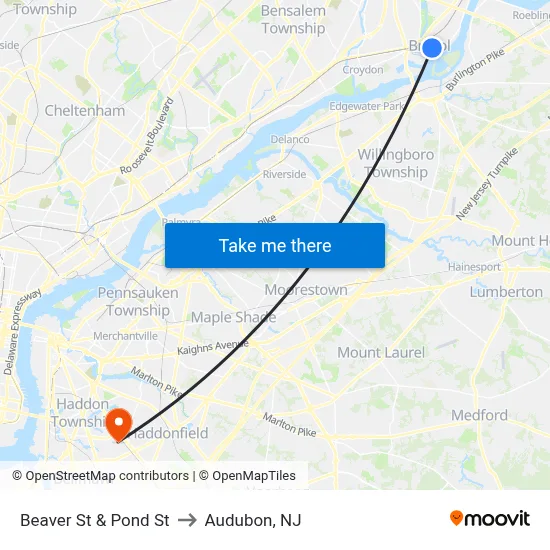 Beaver St & Pond St to Audubon, NJ map