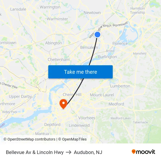 Bellevue Av & Lincoln Hwy to Audubon, NJ map
