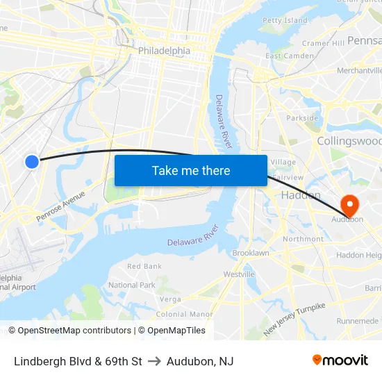 Lindbergh Blvd & 69th St to Audubon, NJ map