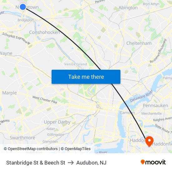 Stanbridge St & Beech St to Audubon, NJ map