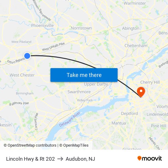 Lincoln Hwy & Rt 202 to Audubon, NJ map