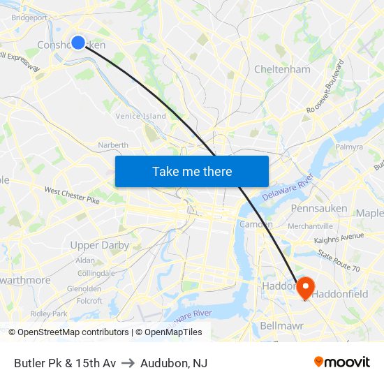 Butler Pk & 15th Av to Audubon, NJ map