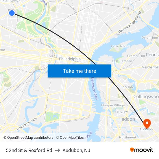 52nd St & Rexford Rd to Audubon, NJ map