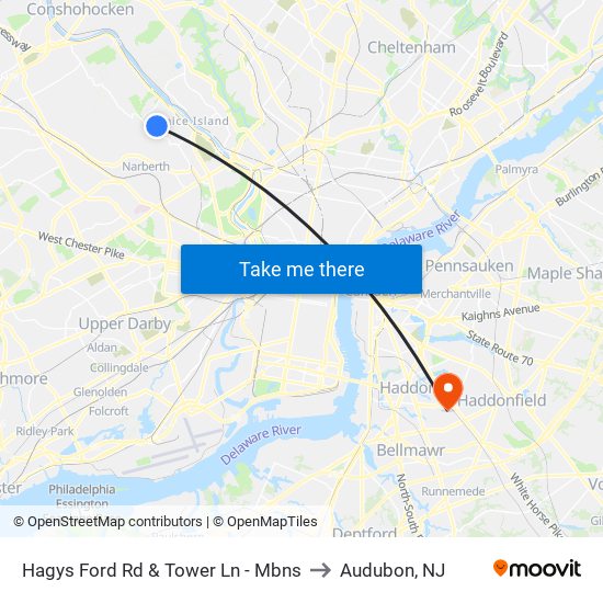 Hagys Ford Rd & Tower Ln - Mbns to Audubon, NJ map