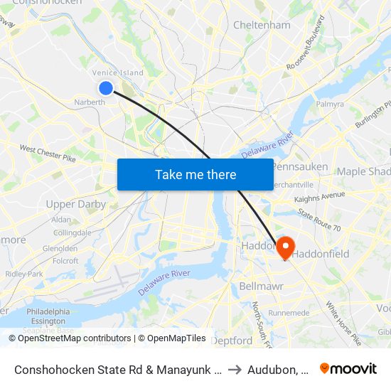 Conshohocken State Rd & Manayunk Rd to Audubon, NJ map