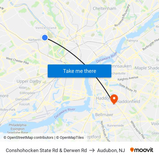 Conshohocken State Rd & Derwen Rd to Audubon, NJ map