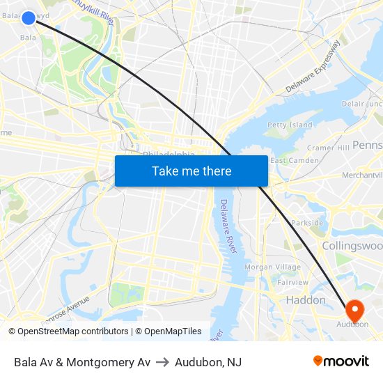 Bala Av & Montgomery Av to Audubon, NJ map