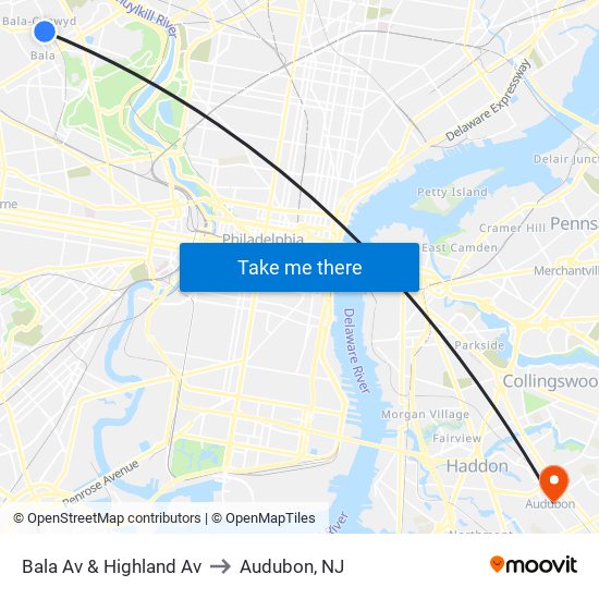 Bala Av & Highland Av to Audubon, NJ map