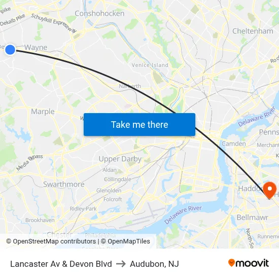 Lancaster Av & Devon Blvd to Audubon, NJ map