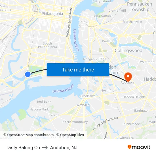 Tasty Baking Co to Audubon, NJ map