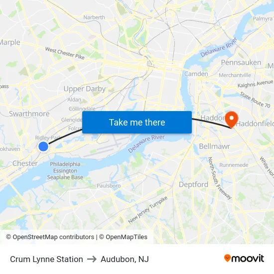 Crum Lynne Station to Audubon, NJ map