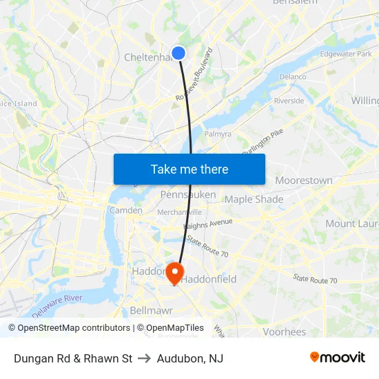 Dungan Rd & Rhawn St to Audubon, NJ map