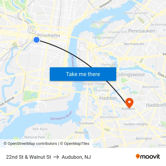 22nd St & Walnut St to Audubon, NJ map