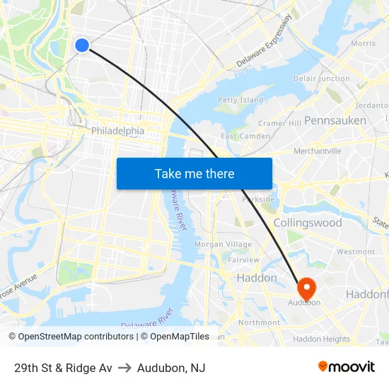 29th St & Ridge Av to Audubon, NJ map