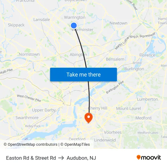 Easton Rd & Street Rd to Audubon, NJ map