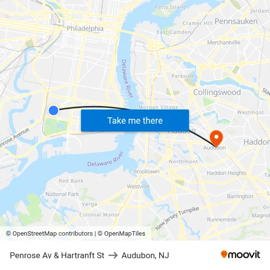Penrose Av & Hartranft St to Audubon, NJ map