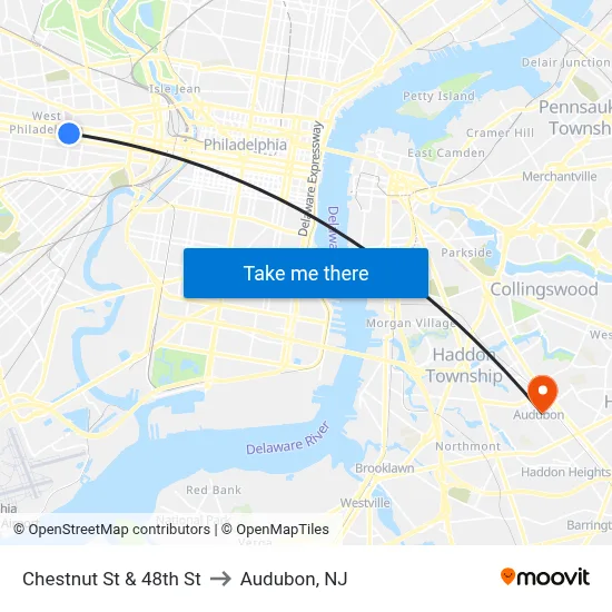 Chestnut St & 48th St to Audubon, NJ map