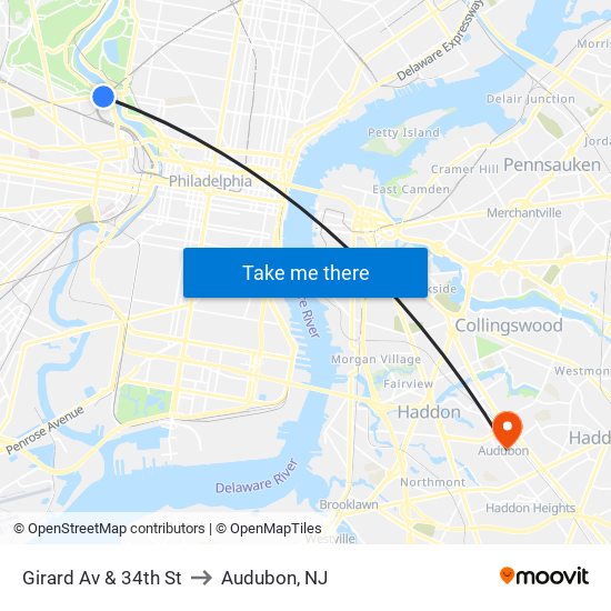 Girard Av & 34th St to Audubon, NJ map