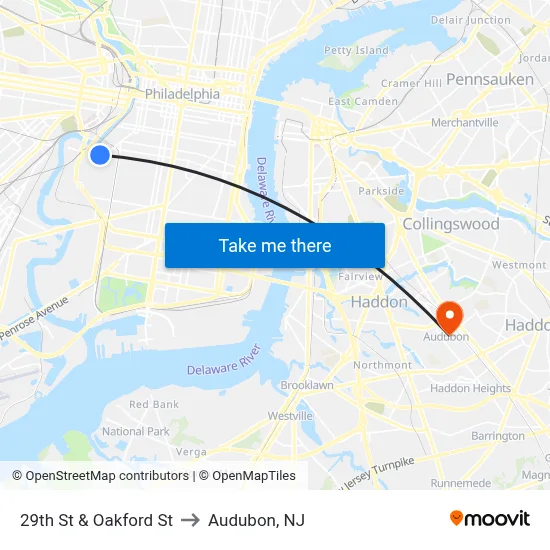 29th St & Oakford St to Audubon, NJ map