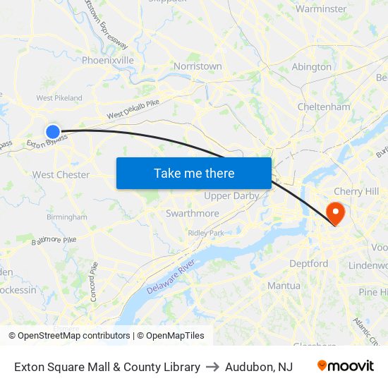 Exton Square Mall & County Library to Audubon, NJ map