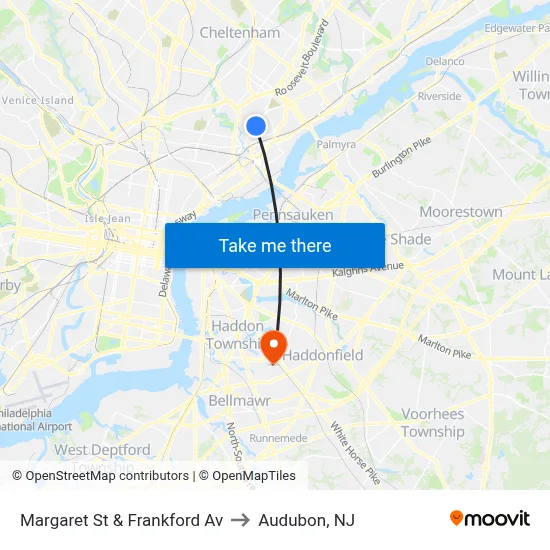 Margaret St & Frankford Av to Audubon, NJ map