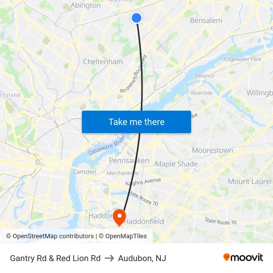 Gantry Rd & Red Lion Rd to Audubon, NJ map