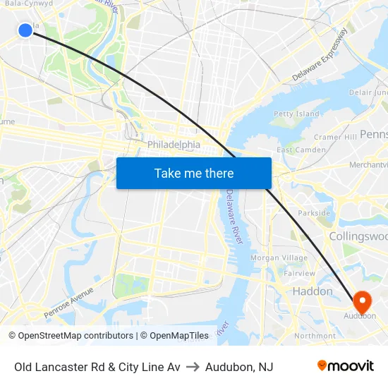 Old Lancaster Rd & City Line Av to Audubon, NJ map