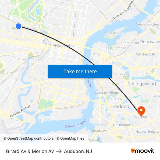 Girard Av & Merion Av to Audubon, NJ map