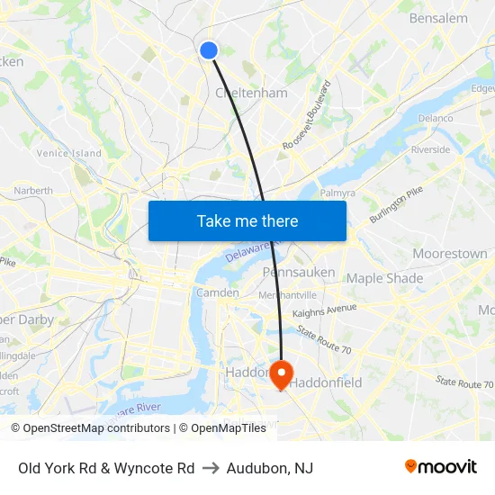 Old York Rd & Wyncote Rd to Audubon, NJ map