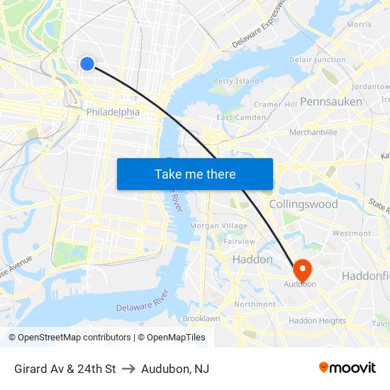 Girard Av & 24th St to Audubon, NJ map