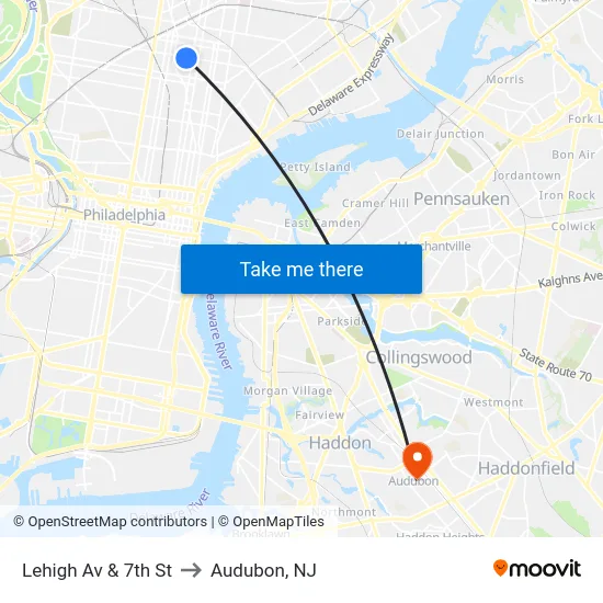 Lehigh Av & 7th St to Audubon, NJ map