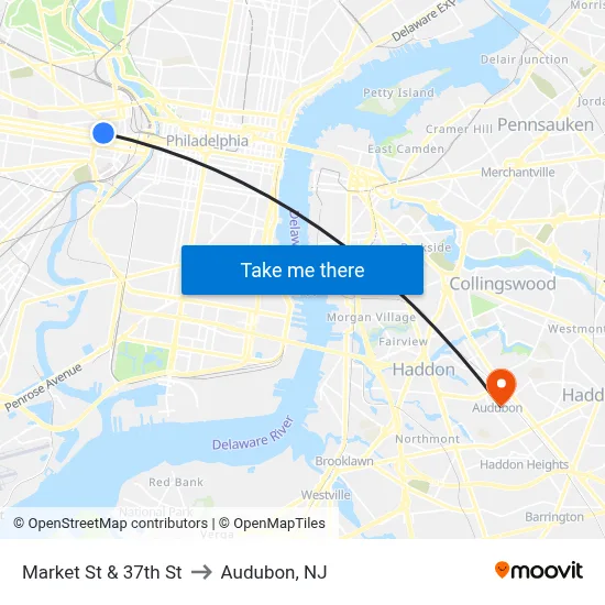Market St & 37th St to Audubon, NJ map