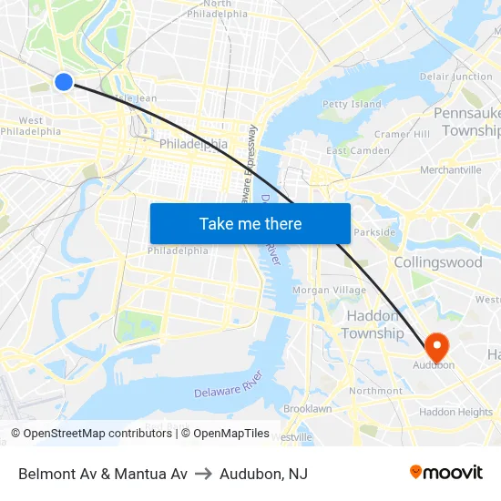 Belmont Av & Mantua Av to Audubon, NJ map