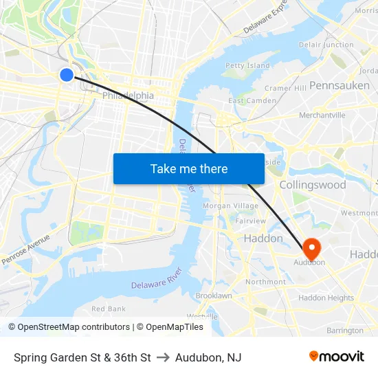 Spring Garden St & 36th St to Audubon, NJ map