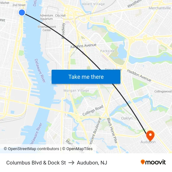 Columbus Blvd & Dock St to Audubon, NJ map