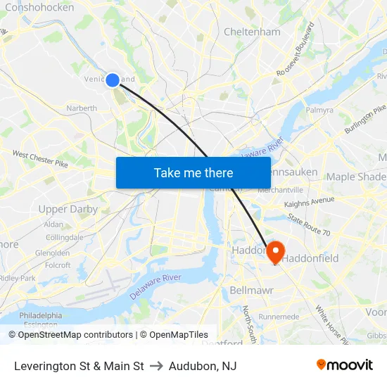 Leverington St & Main St to Audubon, NJ map