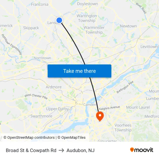 Broad St & Cowpath Rd to Audubon, NJ map