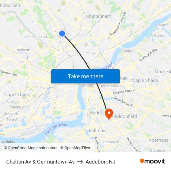 Chelten Av & Germantown Av to Audubon, NJ map